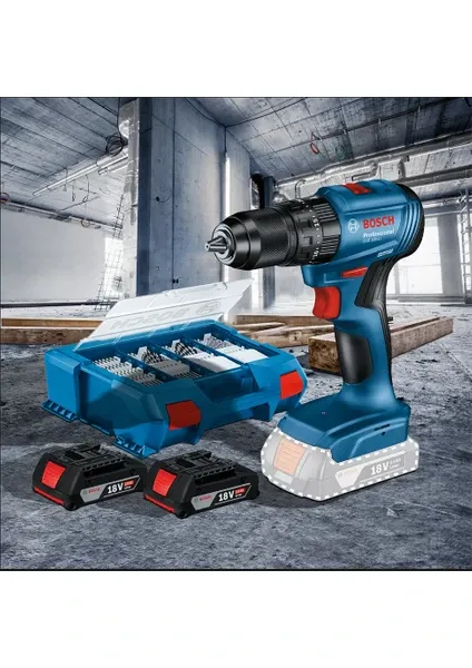 Bosch GSB 185 Li Çift Akülü 2 Ah Darbeli Matkap + 82 Parça Uç Seti