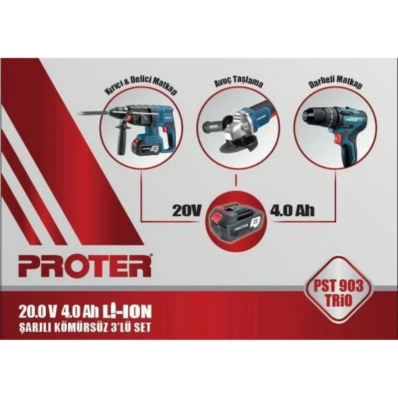 Proter PST 903 Trio Şarjlı Delici Kırıcı Matkap + Avuç Taşlama + Darbeli Matkap 3'lü Set